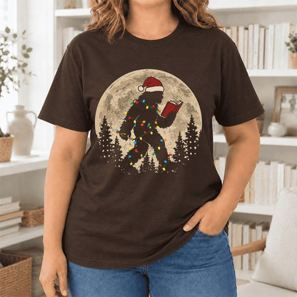 Big Foot Wearing Christmas Hat Ultra-Soft Cotton T-Shirt | Christmas Reader Gift Brown