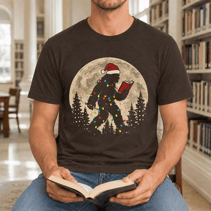 Big Foot Wearing Christmas Hat Ultra-Soft Cotton T-Shirt | Christmas Reader Gift Brown