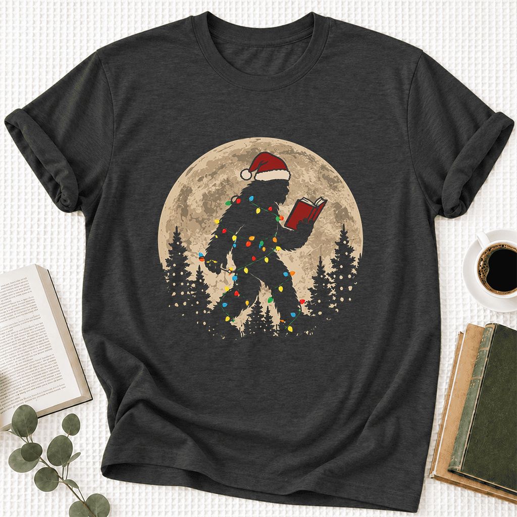 Big Foot Wearing Christmas Hat Ultra-Soft Cotton T-Shirt | Christmas Reader Gift Dark Grey Heather