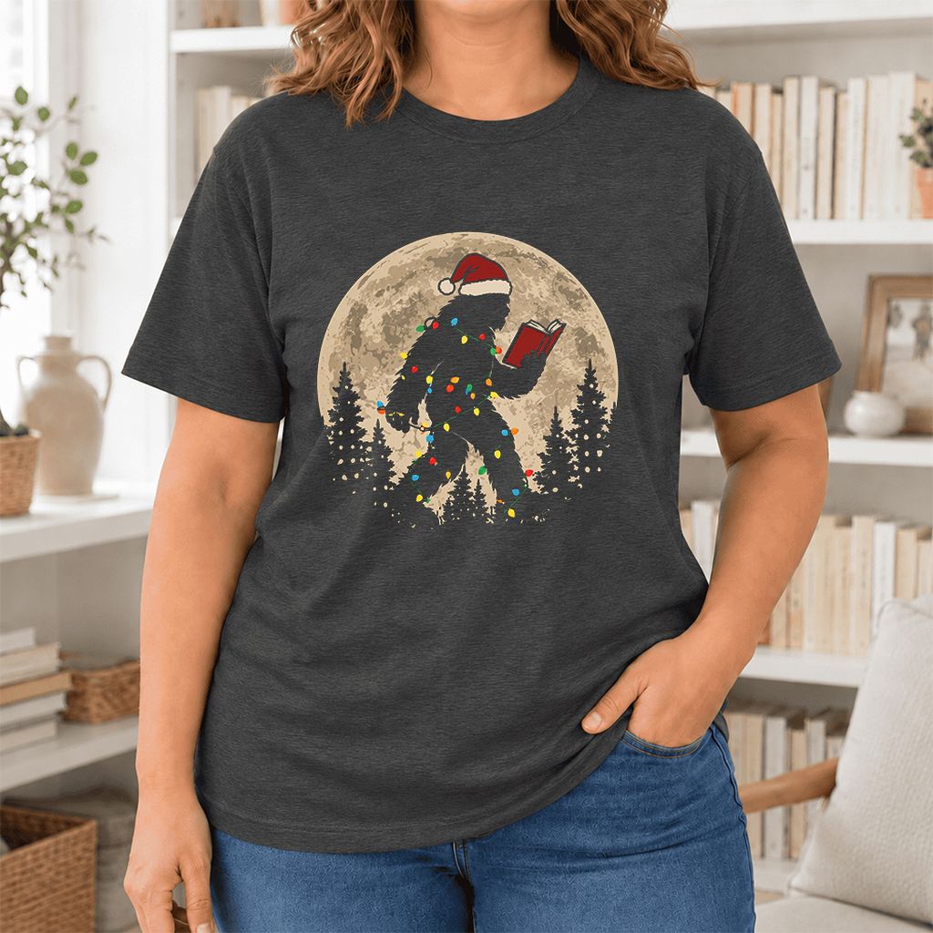 Big Foot Wearing Christmas Hat Ultra-Soft Cotton T-Shirt | Christmas Reader Gift Dark Grey Heather