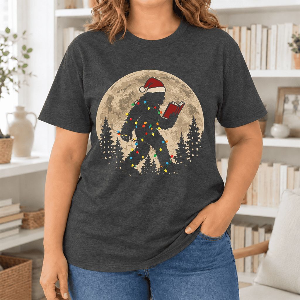 Big Foot Wearing Christmas Hat Ultra-Soft Cotton T-Shirt | Christmas Reader Gift Dark Grey Heather