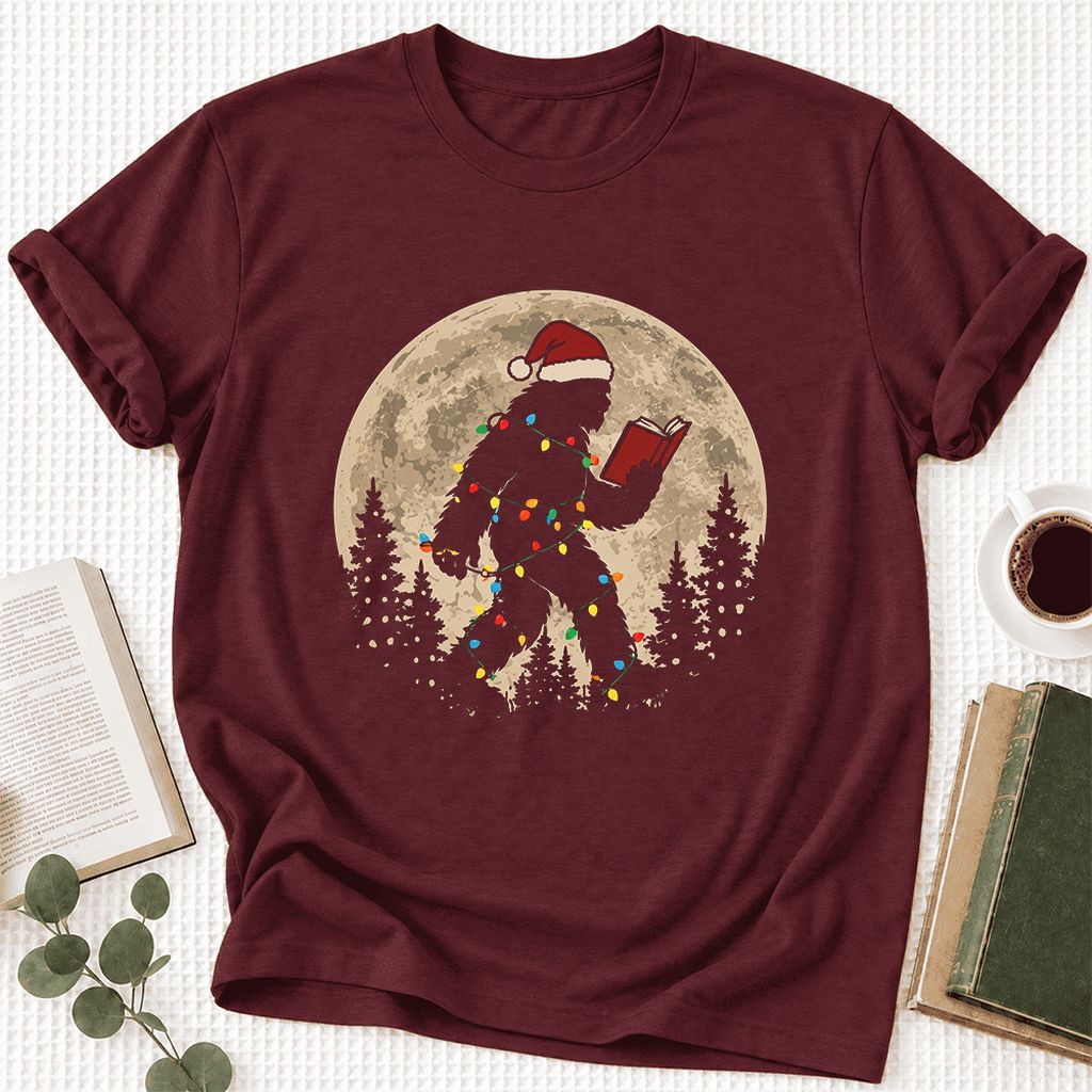 Big Foot Wearing Christmas Hat Ultra-Soft Cotton T-Shirt | Christmas Reader Gift Maroon