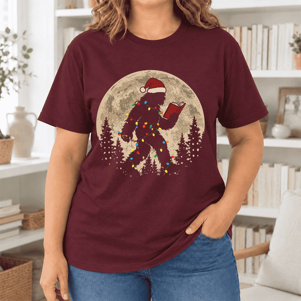 Big Foot Wearing Christmas Hat Ultra-Soft Cotton T-Shirt | Christmas Reader Gift Maroon