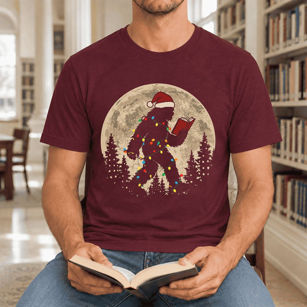Big Foot Wearing Christmas Hat Ultra-Soft Cotton T-Shirt | Christmas Reader Gift Maroon