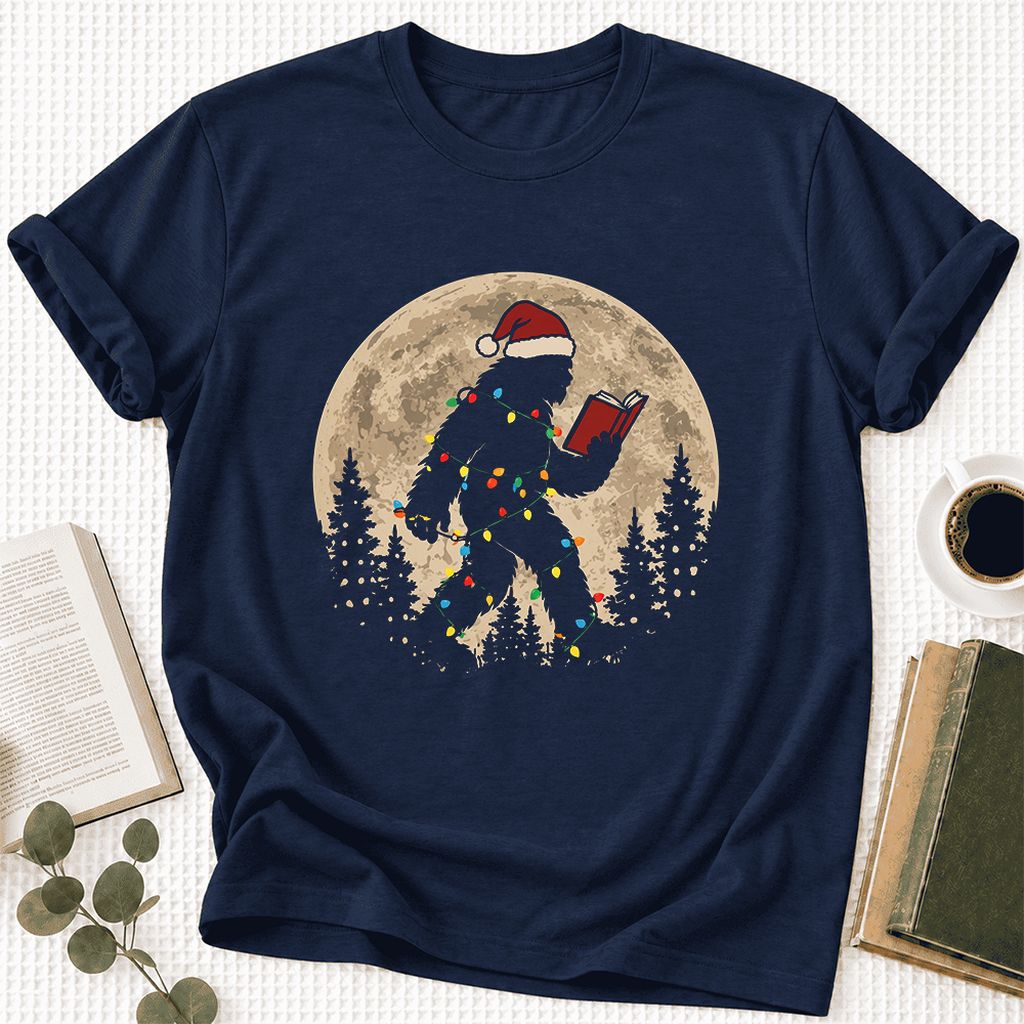 Big Foot Wearing Christmas Hat Ultra-Soft Cotton T-Shirt | Christmas Reader Gift Navy