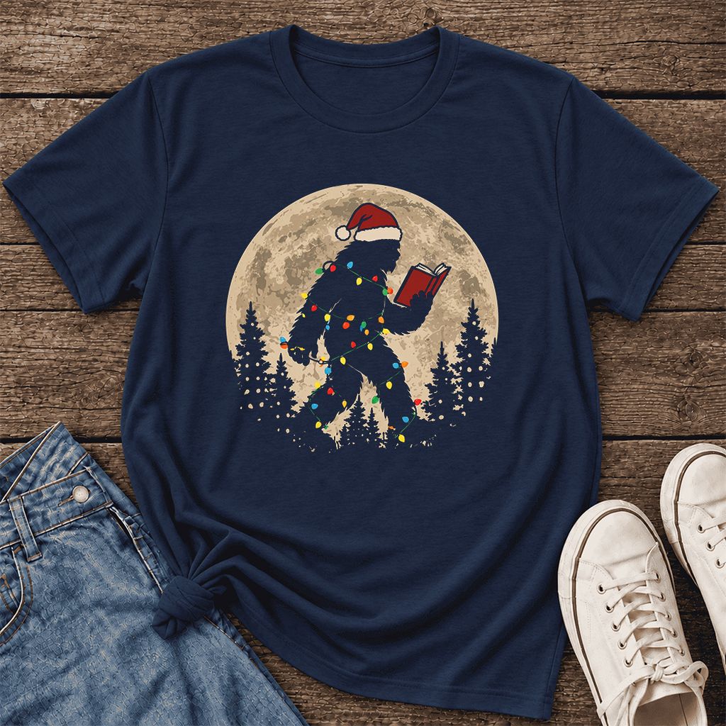 Big Foot Wearing Christmas Hat Ultra-Soft Cotton T-Shirt | Christmas Reader Gift Navy
