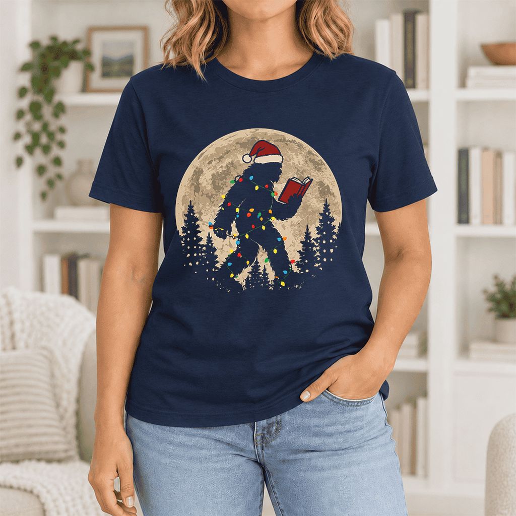 Big Foot Wearing Christmas Hat Ultra-Soft Cotton T-Shirt | Christmas Reader Gift Navy