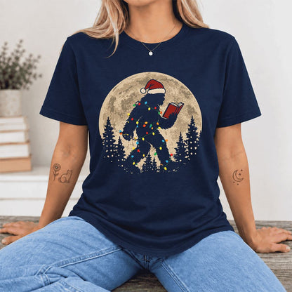 Big Foot Wearing Christmas Hat Ultra-Soft Cotton T-Shirt | Christmas Reader Gift Navy