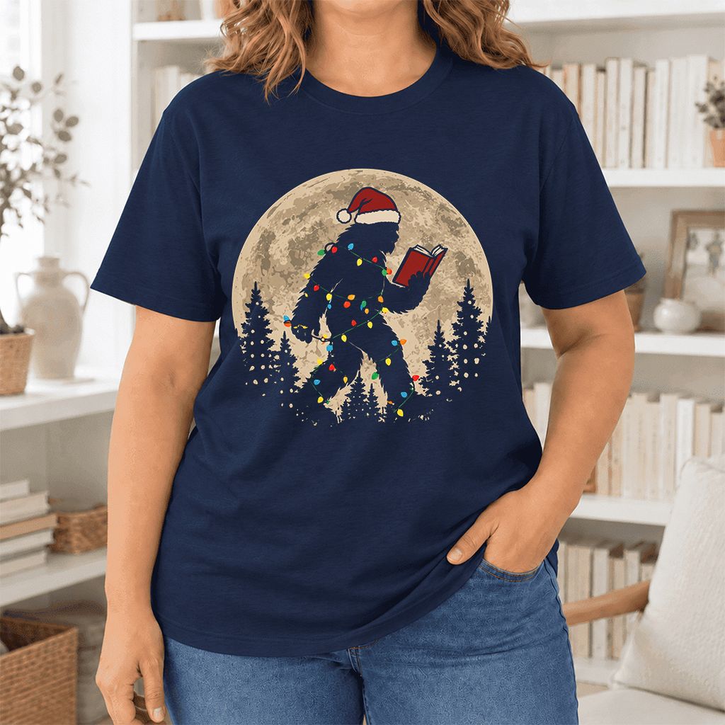 Big Foot Wearing Christmas Hat Ultra-Soft Cotton T-Shirt | Christmas Reader Gift Navy