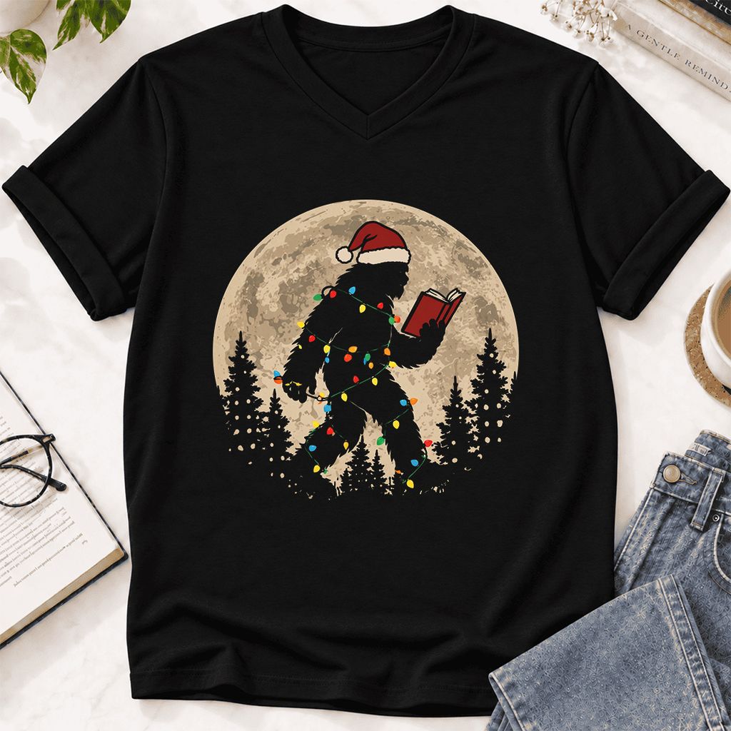 Big Foot Wearing Christmas Hat Ultra-Soft V-Neck | Christmas Reader Gift Black