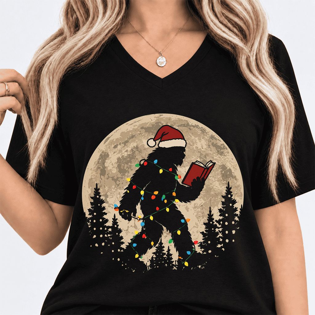 Big Foot Wearing Christmas Hat Ultra-Soft V-Neck | Christmas Reader Gift Black