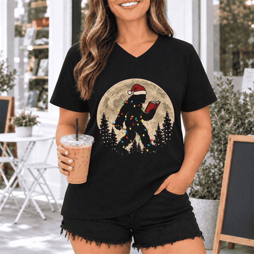 Big Foot Wearing Christmas Hat Ultra-Soft V-Neck | Christmas Reader Gift Black