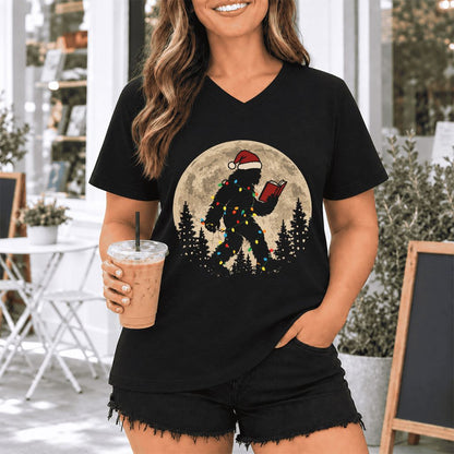 Big Foot Wearing Christmas Hat Ultra-Soft V-Neck | Christmas Reader Gift Black