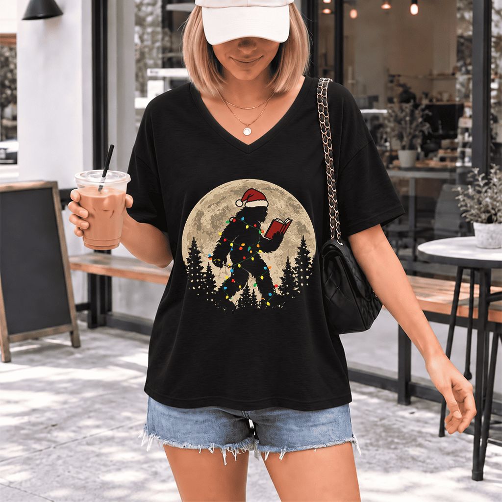 Big Foot Wearing Christmas Hat Ultra-Soft V-Neck | Christmas Reader Gift Black