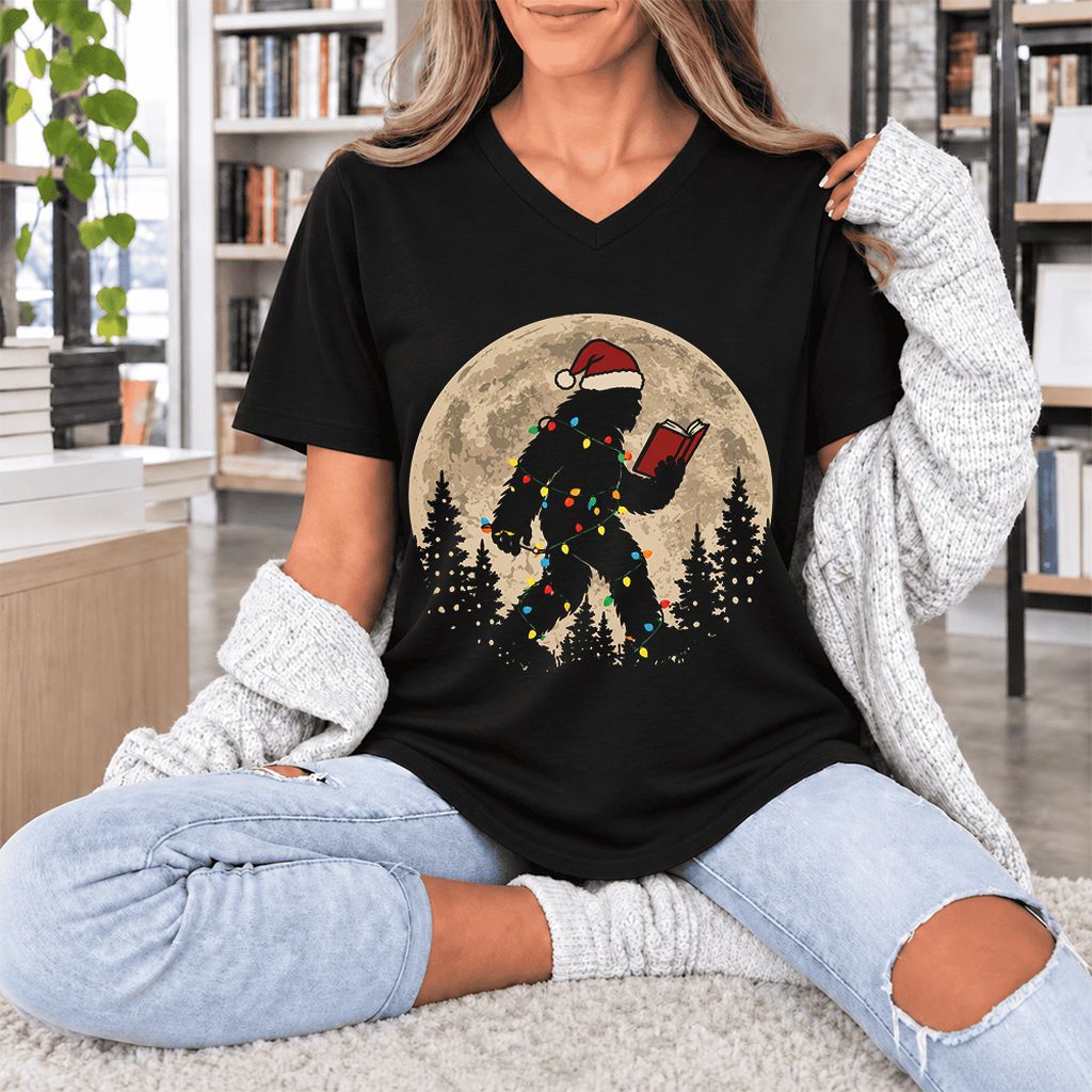 Big Foot Wearing Christmas Hat Ultra-Soft V-Neck | Christmas Reader Gift Black