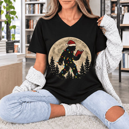 Big Foot Wearing Christmas Hat Ultra-Soft V-Neck | Christmas Reader Gift Black