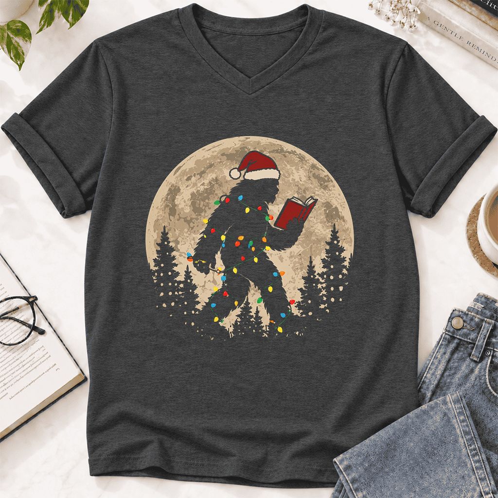 Big Foot Wearing Christmas Hat Ultra-Soft V-Neck | Christmas Reader Gift Dark Grey Heather