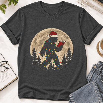 Big Foot Wearing Christmas Hat Ultra-Soft V-Neck | Christmas Reader Gift Dark Grey Heather