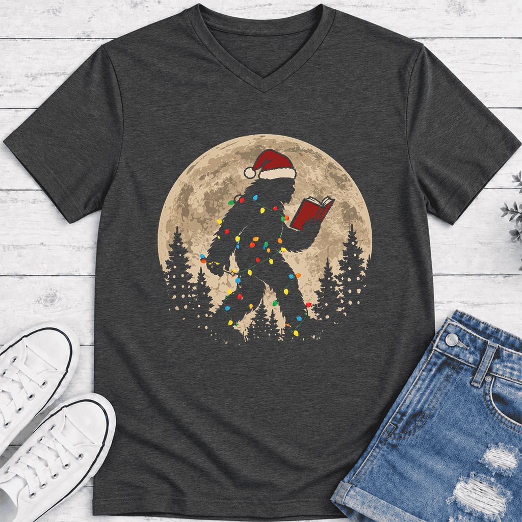 Big Foot Wearing Christmas Hat Ultra-Soft V-Neck | Christmas Reader Gift Dark Grey Heather