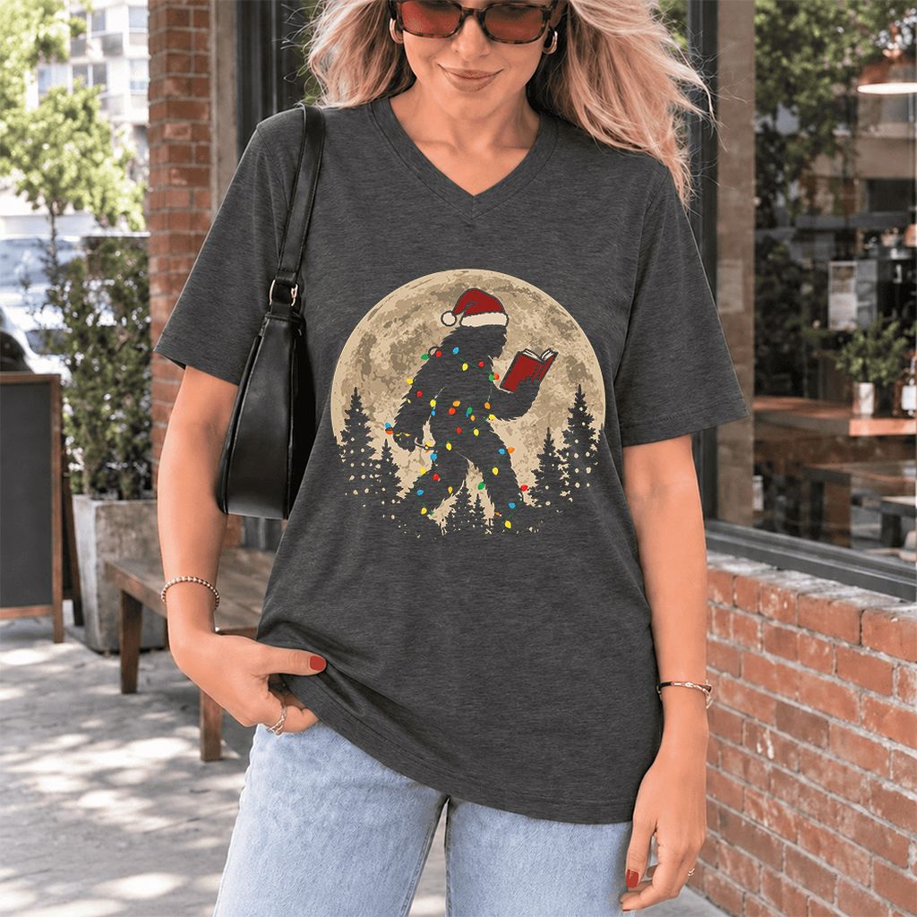 Big Foot Wearing Christmas Hat Ultra-Soft V-Neck | Christmas Reader Gift Dark Grey Heather