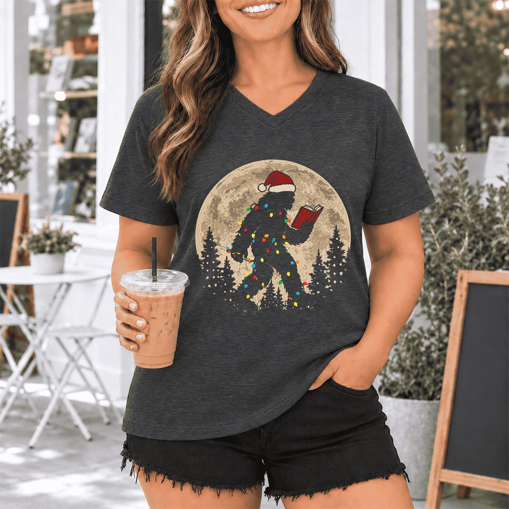 Big Foot Wearing Christmas Hat Ultra-Soft V-Neck | Christmas Reader Gift Dark Grey Heather