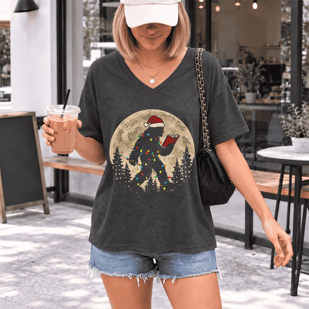 Big Foot Wearing Christmas Hat Ultra-Soft V-Neck | Christmas Reader Gift Dark Grey Heather