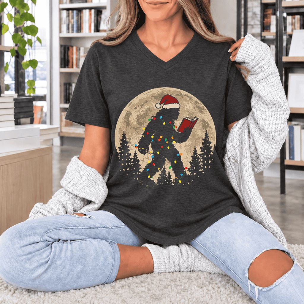 Big Foot Wearing Christmas Hat Ultra-Soft V-Neck | Christmas Reader Gift Dark Grey Heather