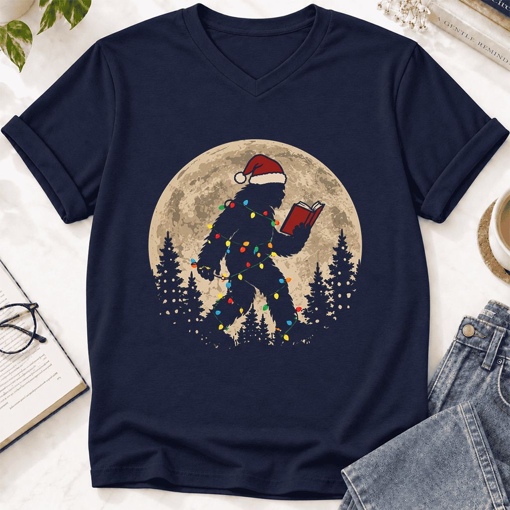 Big Foot Wearing Christmas Hat Ultra-Soft V-Neck | Christmas Reader Gift Navy