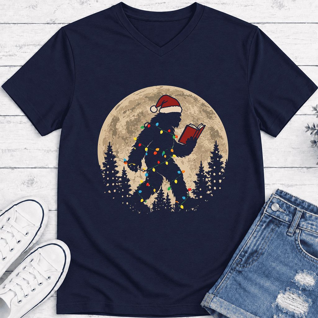 Big Foot Wearing Christmas Hat Ultra-Soft V-Neck | Christmas Reader Gift Navy
