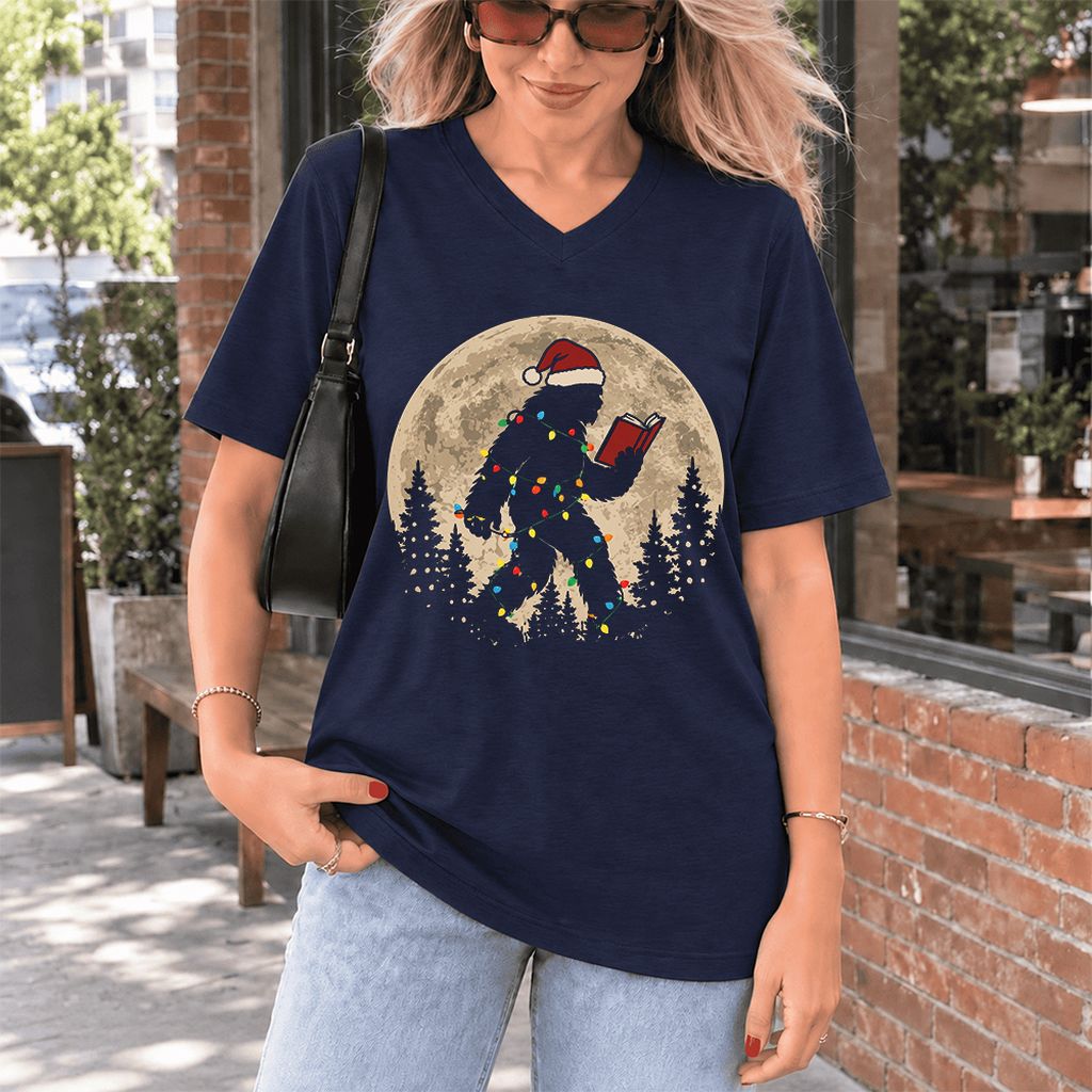 Big Foot Wearing Christmas Hat Ultra-Soft V-Neck | Christmas Reader Gift Navy