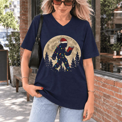 Big Foot Wearing Christmas Hat Ultra-Soft V-Neck | Christmas Reader Gift Navy
