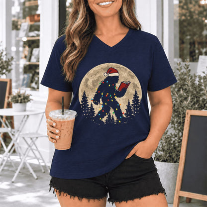 Big Foot Wearing Christmas Hat Ultra-Soft V-Neck | Christmas Reader Gift Navy