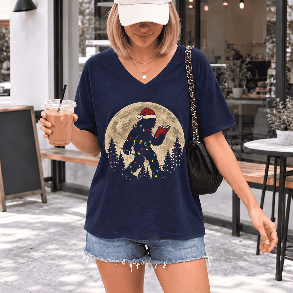 Big Foot Wearing Christmas Hat Ultra-Soft V-Neck | Christmas Reader Gift Navy