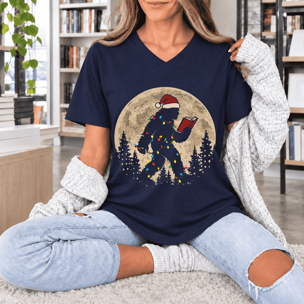 Big Foot Wearing Christmas Hat Ultra-Soft V-Neck | Christmas Reader Gift Navy