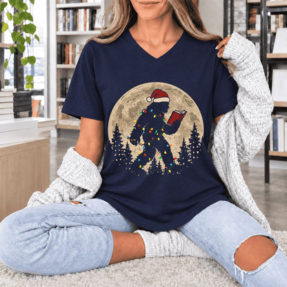 Big Foot Wearing Christmas Hat Ultra-Soft V-Neck | Christmas Reader Gift Navy