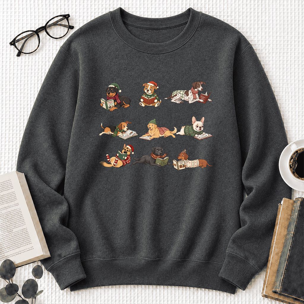 Cozy Dogs Reading Christmas Printed Sweatshirt | Christmas Reader Gift Dark Heather