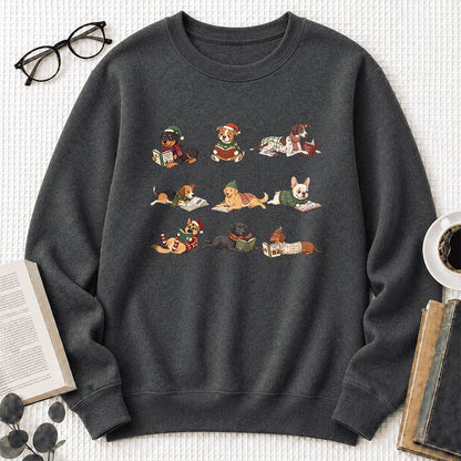 Cozy Dogs Reading Christmas Printed Sweatshirt | Christmas Reader Gift Dark Heather