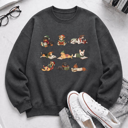 Cozy Dogs Reading Christmas Printed Sweatshirt | Christmas Reader Gift Dark Heather