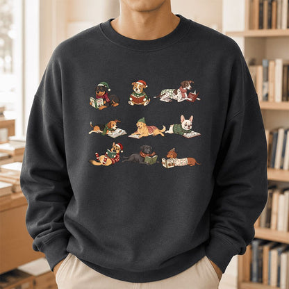 Cozy Dogs Reading Christmas Printed Sweatshirt | Christmas Reader Gift Dark Heather