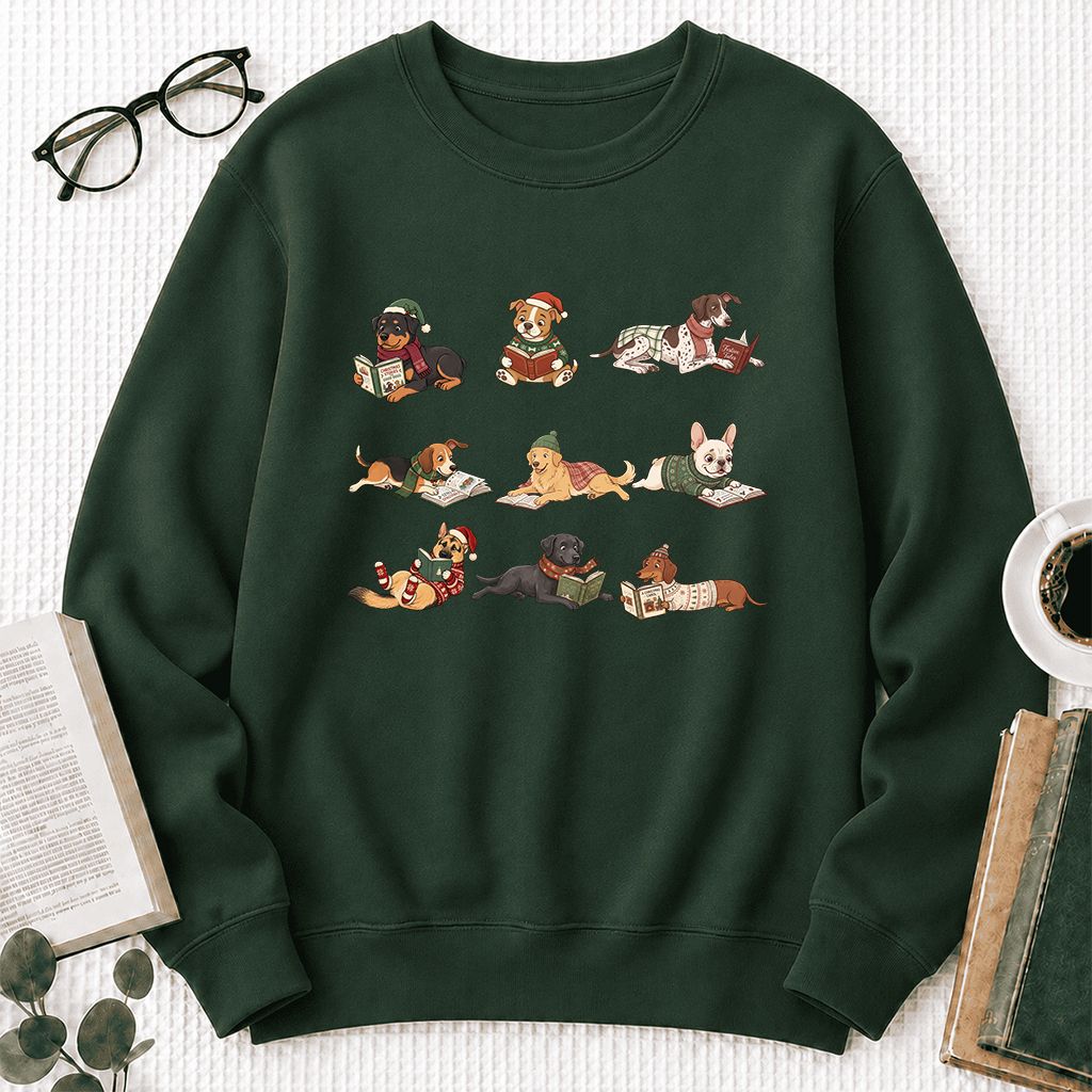 Cozy Dogs Reading Christmas Printed Sweatshirt | Christmas Reader Gift Forest Green