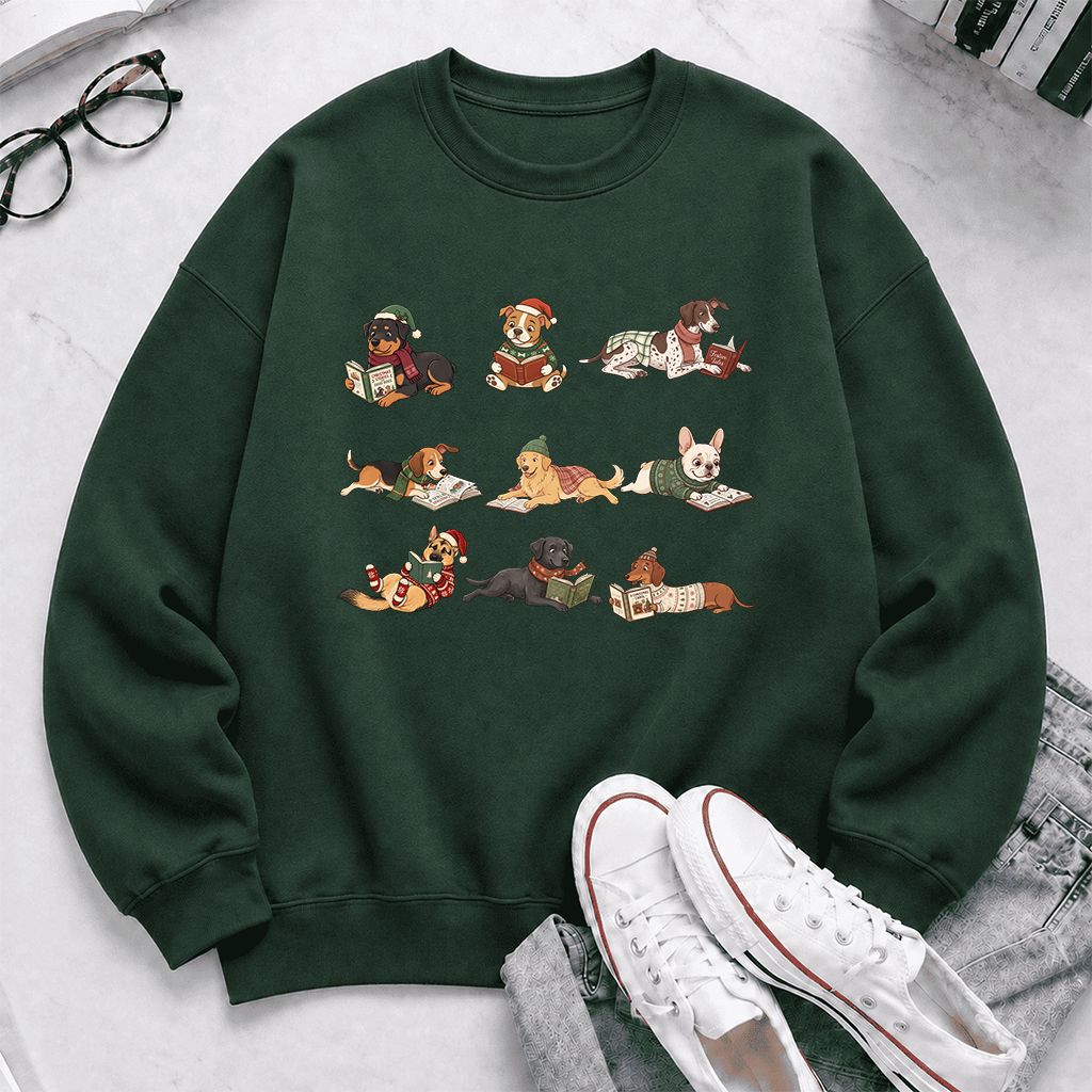Cozy Dogs Reading Christmas Printed Sweatshirt | Christmas Reader Gift Forest Green