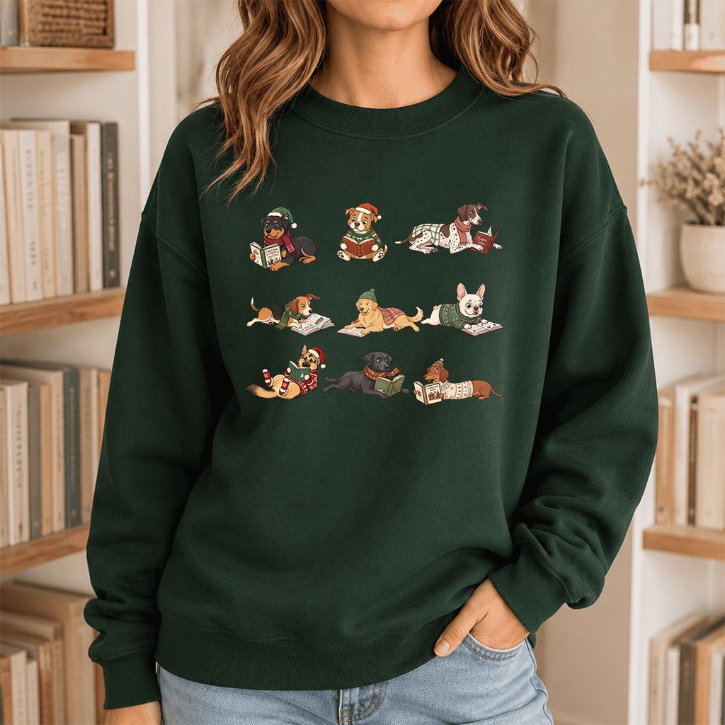 Cozy Dogs Reading Christmas Printed Sweatshirt | Christmas Reader Gift Forest Green