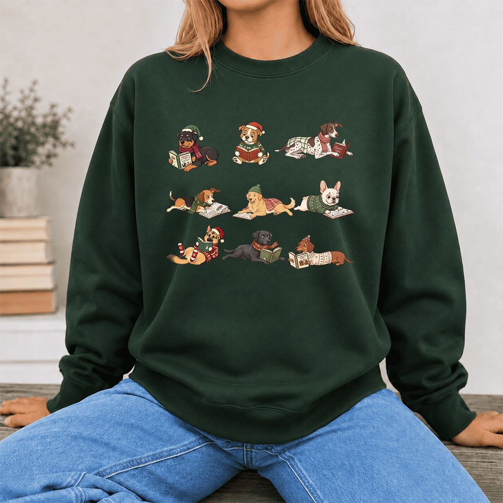 Cozy Dogs Reading Christmas Printed Sweatshirt | Christmas Reader Gift Forest Green