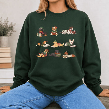 Cozy Dogs Reading Christmas Printed Sweatshirt | Christmas Reader Gift Forest Green