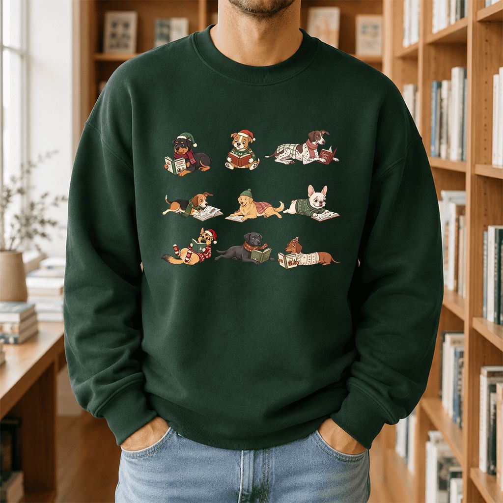 Cozy Dogs Reading Christmas Printed Sweatshirt | Christmas Reader Gift Forest Green