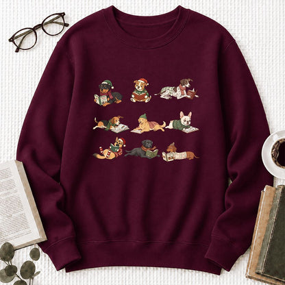 Cozy Dogs Reading Christmas Printed Sweatshirt | Christmas Reader Gift Maroon