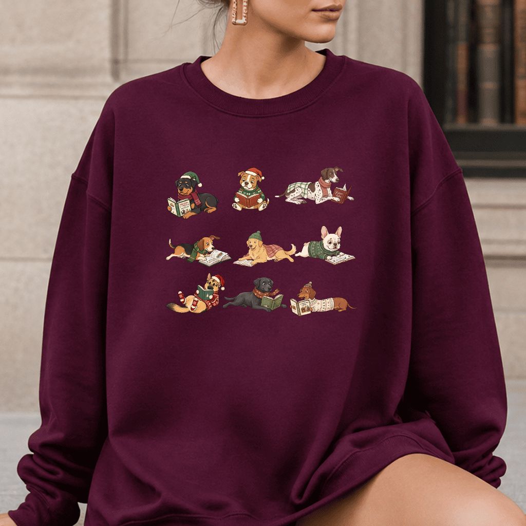 Cozy Dogs Reading Christmas Printed Sweatshirt | Christmas Reader Gift Maroon
