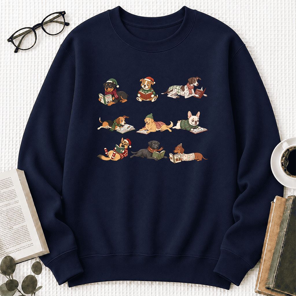 Cozy Dogs Reading Christmas Printed Sweatshirt | Christmas Reader Gift Navy