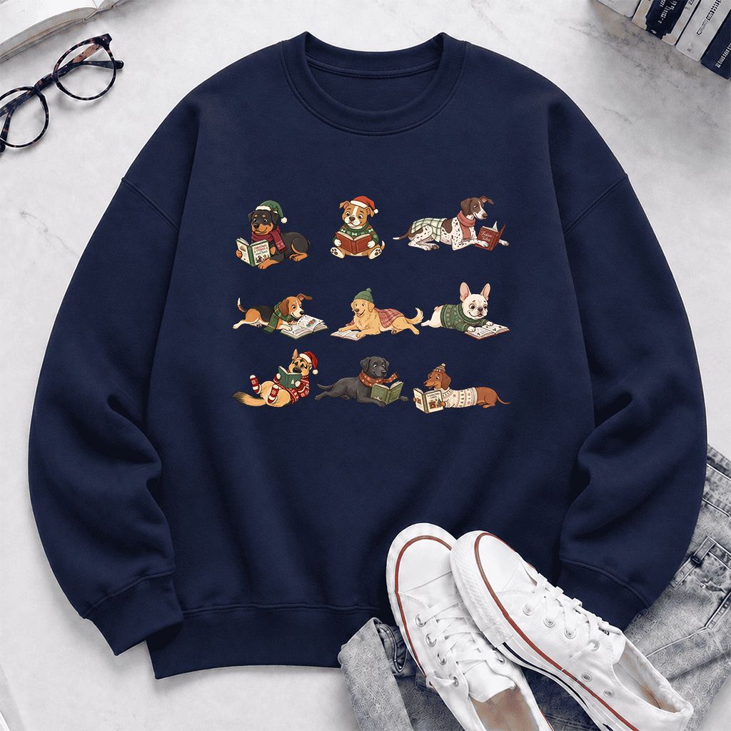 Cozy Dogs Reading Christmas Printed Sweatshirt | Christmas Reader Gift Navy