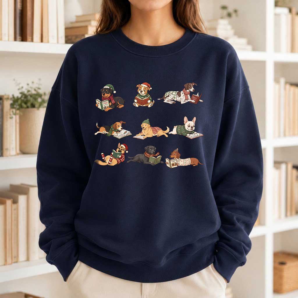 Cozy Dogs Reading Christmas Printed Sweatshirt | Christmas Reader Gift Navy